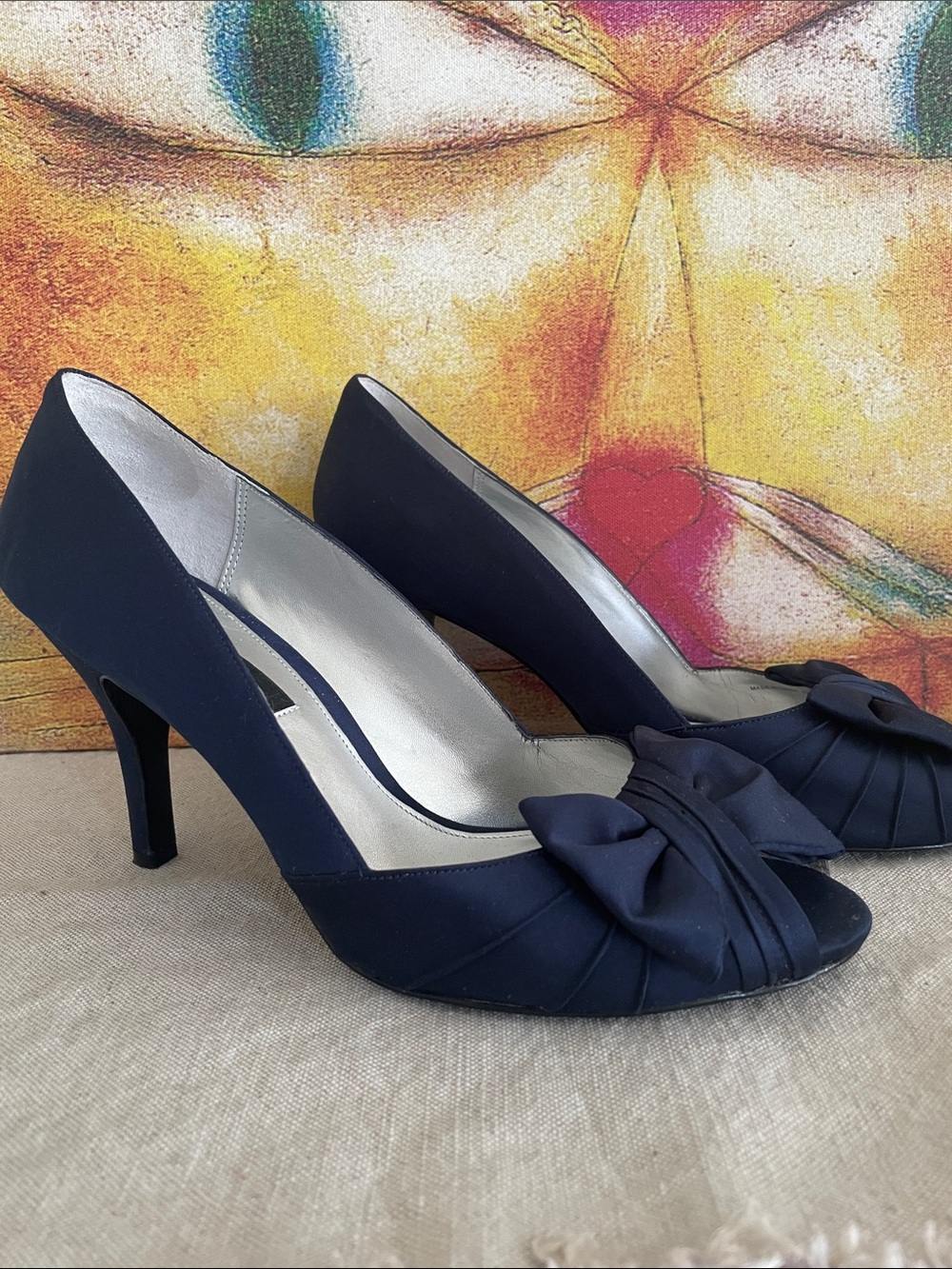 Nina Navy Satin Peep-Toe Bow Heels Sz 10 style Forbes 3”